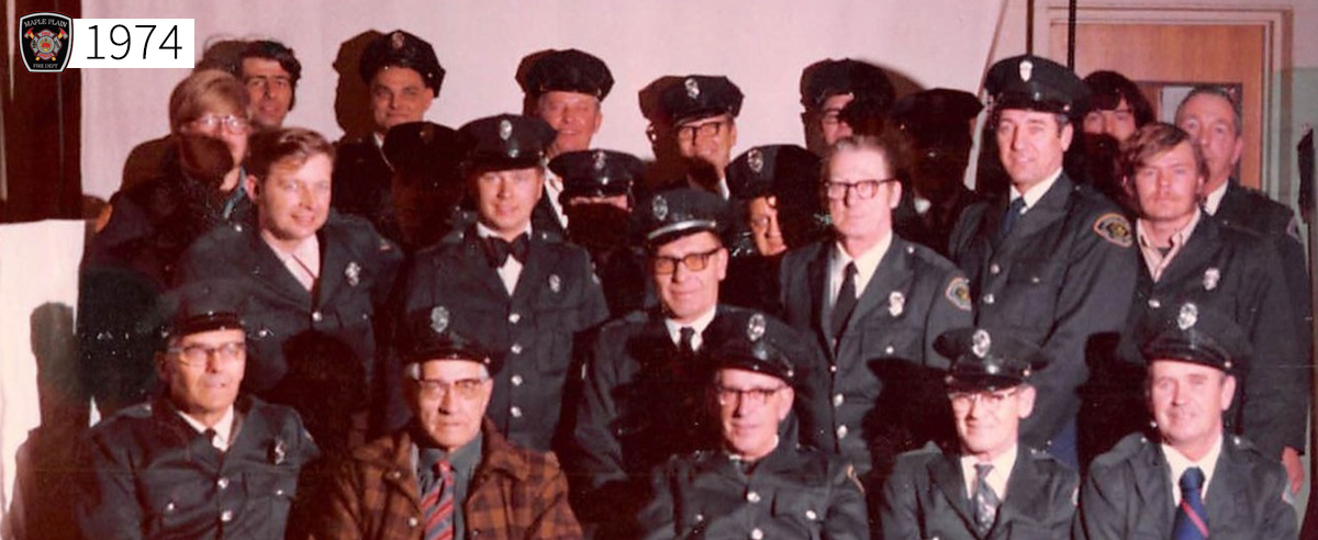 A group photo of the maple plain firefighters in 1974