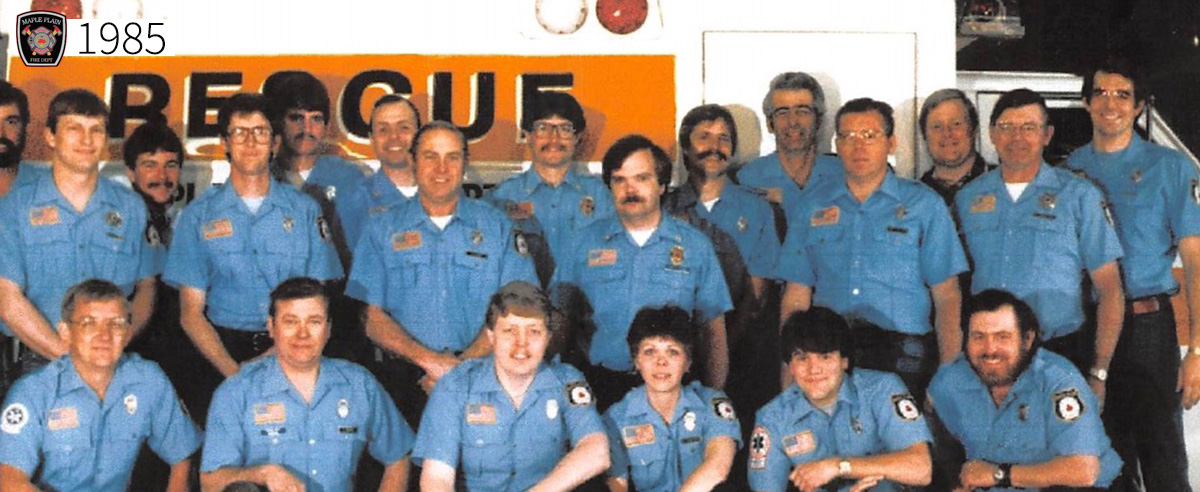 A group photo of the maple plain firefighters in 1985
